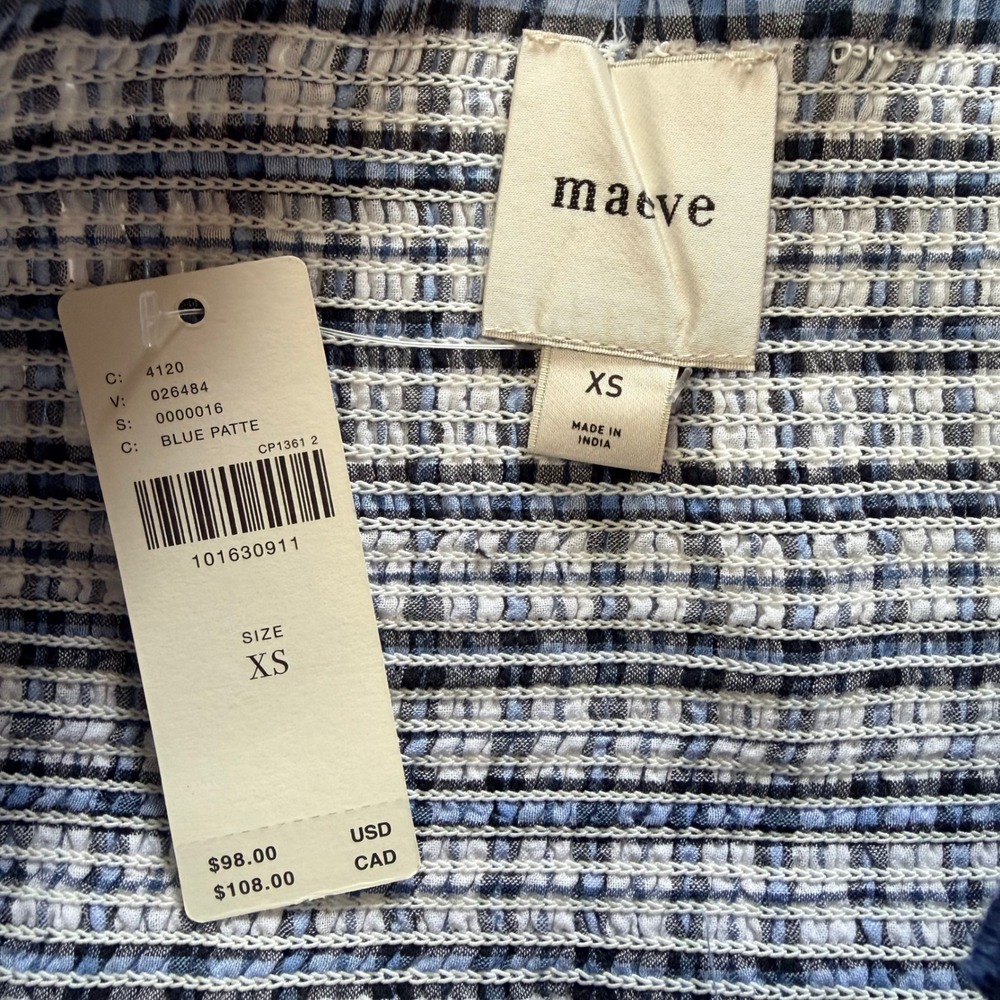Maeve Anthropologie Plaid Smocked Mini Skirt Blue White Ruffle Tiered XS NEW - Picture 5 of 10